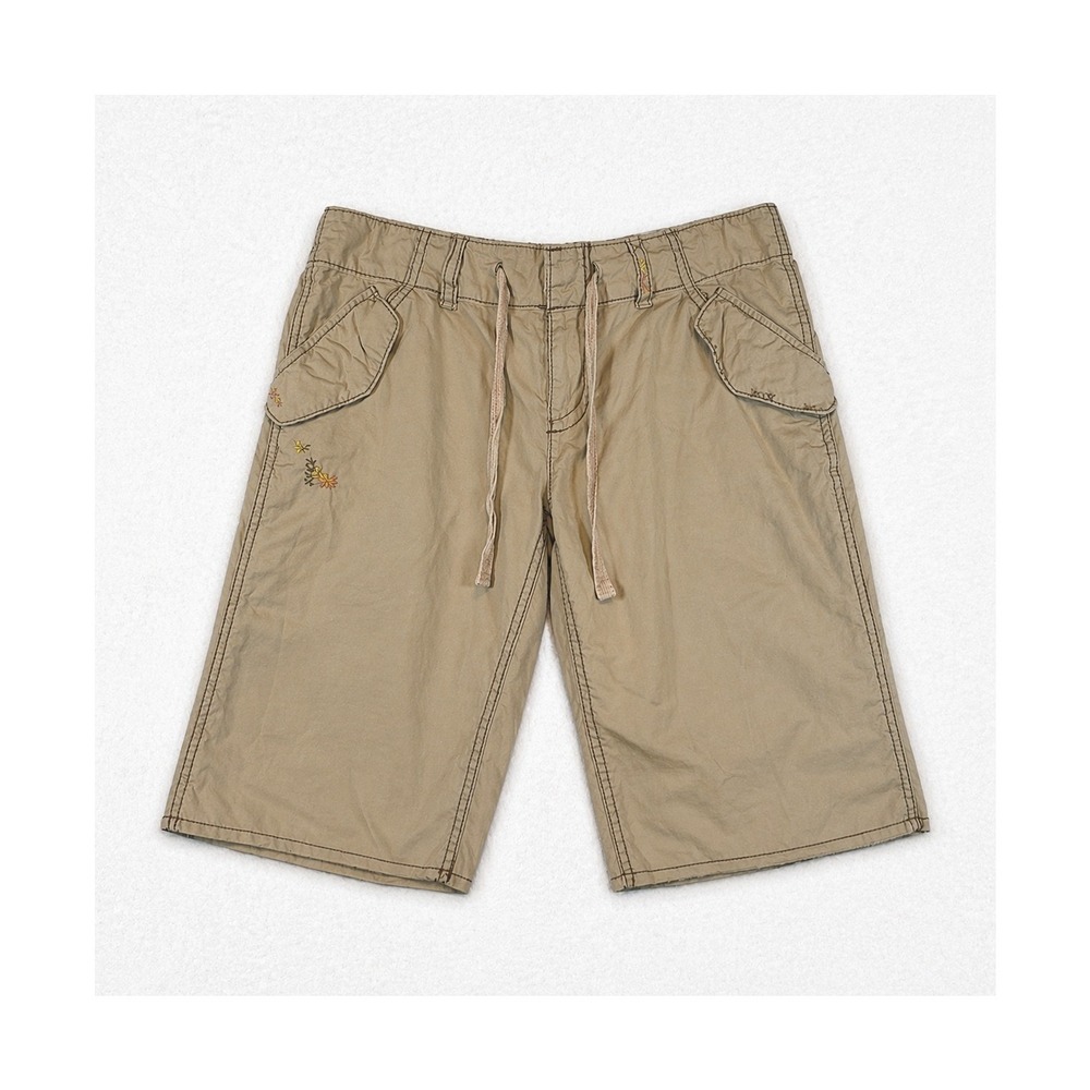 American Eagle Khaki Cargo Bermuda Shorts Tan Floral Embroidery Raw Hem Size 4
